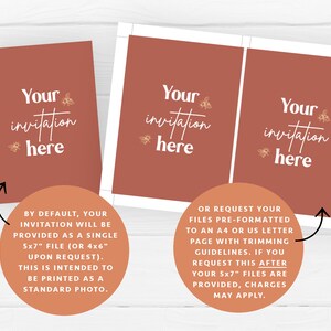 May include: Two 5x7 inch printable invitation templates with a rustic orange background and the text "Your invitation here" in white with a bee graphic. The text below the templates explains that the invitation can be printed as a single 5x7 inch file or as two 4x6 inch files.