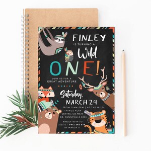 May include: A colorful invitation for a first birthday party with a woodland theme. The invitation features a chalkboard background with the text "Finley is turning a Wild One!" and illustrations of animals like a sloth, owl, deer, fox, and bear.