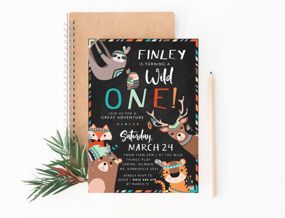Wild One Invitation, DIGITAL DOWNLOAD, Boy's Printable 1st First Birthday Woodland Boho Animals Theme, Tribal Fox Bear Deer Tiger Invite