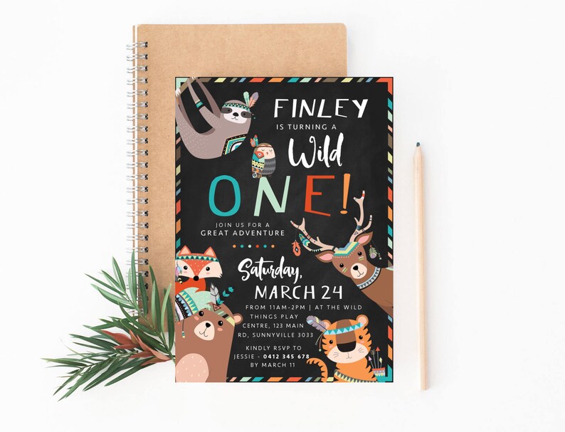 May include: A colorful invitation for a first birthday party with a woodland theme. The invitation features a chalkboard background with the text "Finley is turning a Wild One!" and illustrations of animals like a sloth, owl, deer, fox, and bear.