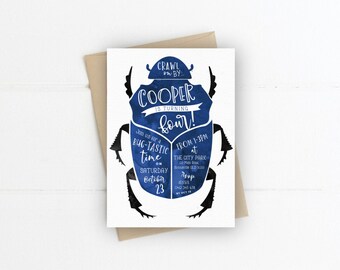 Bug Themed Invitation, PRINTABLE, Boy's 1st First 2nd 3rd 4th 5th Any Age Bugs Hunt Birthday Party, Blue Beetle Watercolor Insect Invite