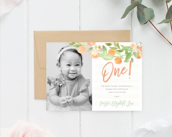 First Birthday Thank You Card, PRINTABLE, 5x7" Digital Peach Party Theme, Girl's Photo 1st Birthday PDF, Boho Summer Garden Peaches, PCH1