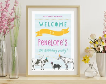 Thème de la fête des animaux de la ferme, à imprimer, décoration d'anniversaire de fêtards, panneau de bienvenue de la basse-cour de la ferme numérique, décoration de fête colorée pour fille, FA3