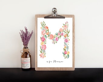 Personalized Monogram Print, PRINTABLE, Floral Monogram, Baby Girl Bedroom, Nursery Wall Art Decor, Flower Newborn Gift Keepsake PDF File