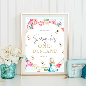 Thème d'Alice au pays des merveilles, imprimable, plaque de bienvenue personnalisée anniversaire fille imprimable, numérique One-derland 1ère décoration de fête, AW1