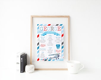 Vintage Plane Milestone Board, PRINTABLE, Boy's 1st First Birthday Time Flies Party Theme Decoration, Watercolor Airplane Birthday Chart VP1