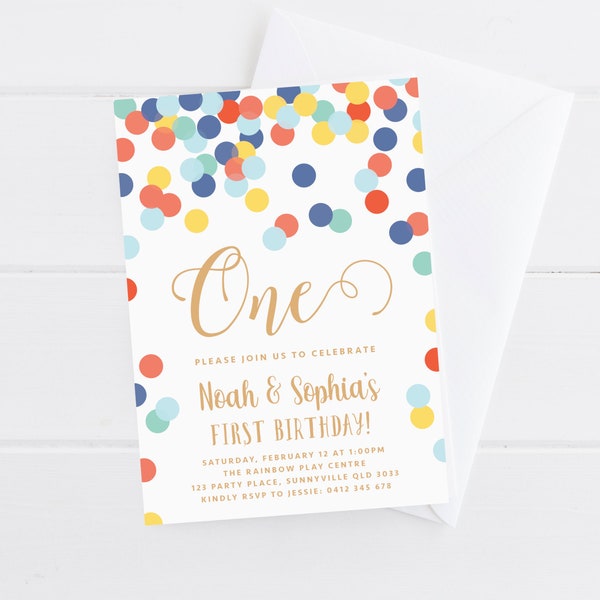 Confetti Invite, PRINTABLE, Girl Boy Twins Unisex 1st First Birthday Invitation, Rainbow Sprinkles Party Theme, One Invite Digital File, RC5