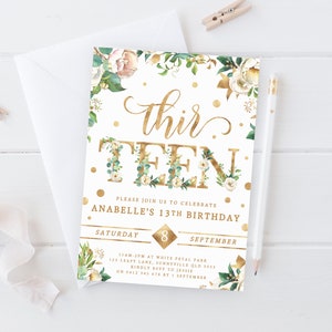 13. Geburtstag einladen, bedruckbar, Mädchen Blumenparty Thema, Girly Boho Garten dreizehn Geburtstag, Teenager Einladung, WF3