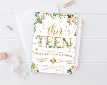 Invitation 13e anniversaire, à imprimer, thème floral de fête pour fille, treize anniversaire de jardin boho girly, fichier numérique d'invitation pour adolescent, WF3