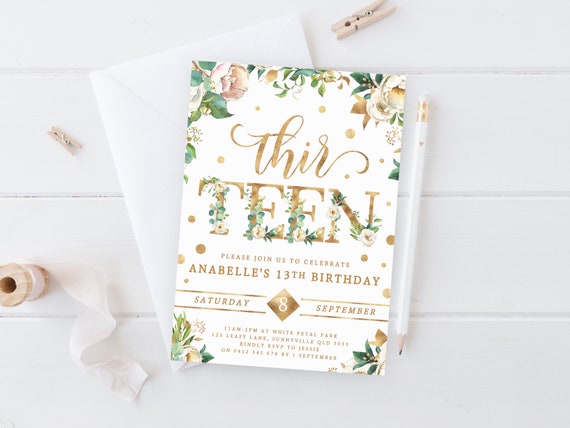 13th Birthday Invite PRINTABLE Girl's Floral Party - Etsy