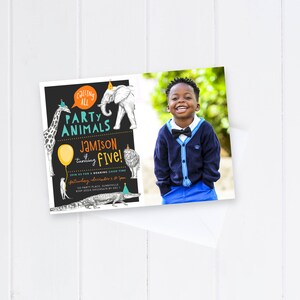 Safari Animals Invitation, PRINTABLE, Party Animals Birthday Theme, Party Hat Jungle Zoo, Photo, Fun Colourful Boy&#39;s Play Center Invite, PA1
