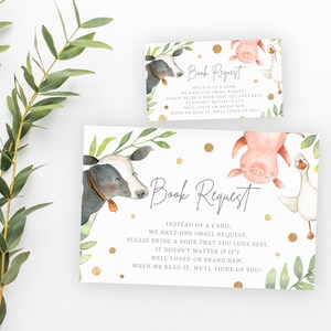Boerderijboek aanvraagkaart, INSTANT DOWNLOAD, boerderijdieren thema babyshower, afdrukbaar digitaal bestand, koe schapen boeken niet kaart voor baby FA2