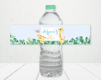 Dschungel Wasserflasche Etikett, DRUCKBAR, Aquarell Zoo Safari Tiere Thema, Erste Geburtstagsdeko, Digitale Datei Partyartikel Dekoration, WJ1