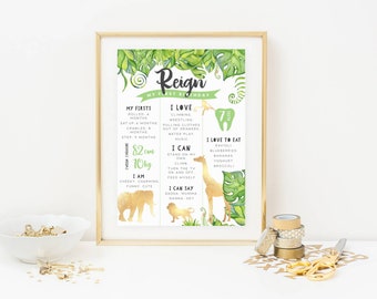 Jungle Themed Milestone Board, PRINTABLE, First 1st Birthday Print, Tropical Safari Zoo Themed Party Decoration, Gold Milestone Chart, GJ1