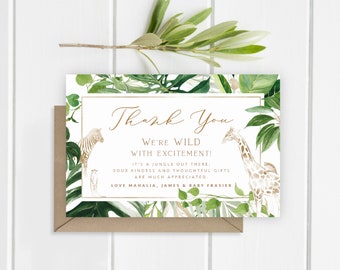 Baby Shower 4x6" Thank You Card, PRINTABLE, Gold Jungle Theme Baby Sprinkle, Elegant Safari Gender Zoo Neutral Unisex Digital Donwload, TJ1