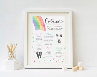 Watercolor Rainbow Milestone Board, PRINTABLE Girl's First 1st Birthday Chart, Pastel Rainbow Themed Baby Party Decoration Digital Print RB1