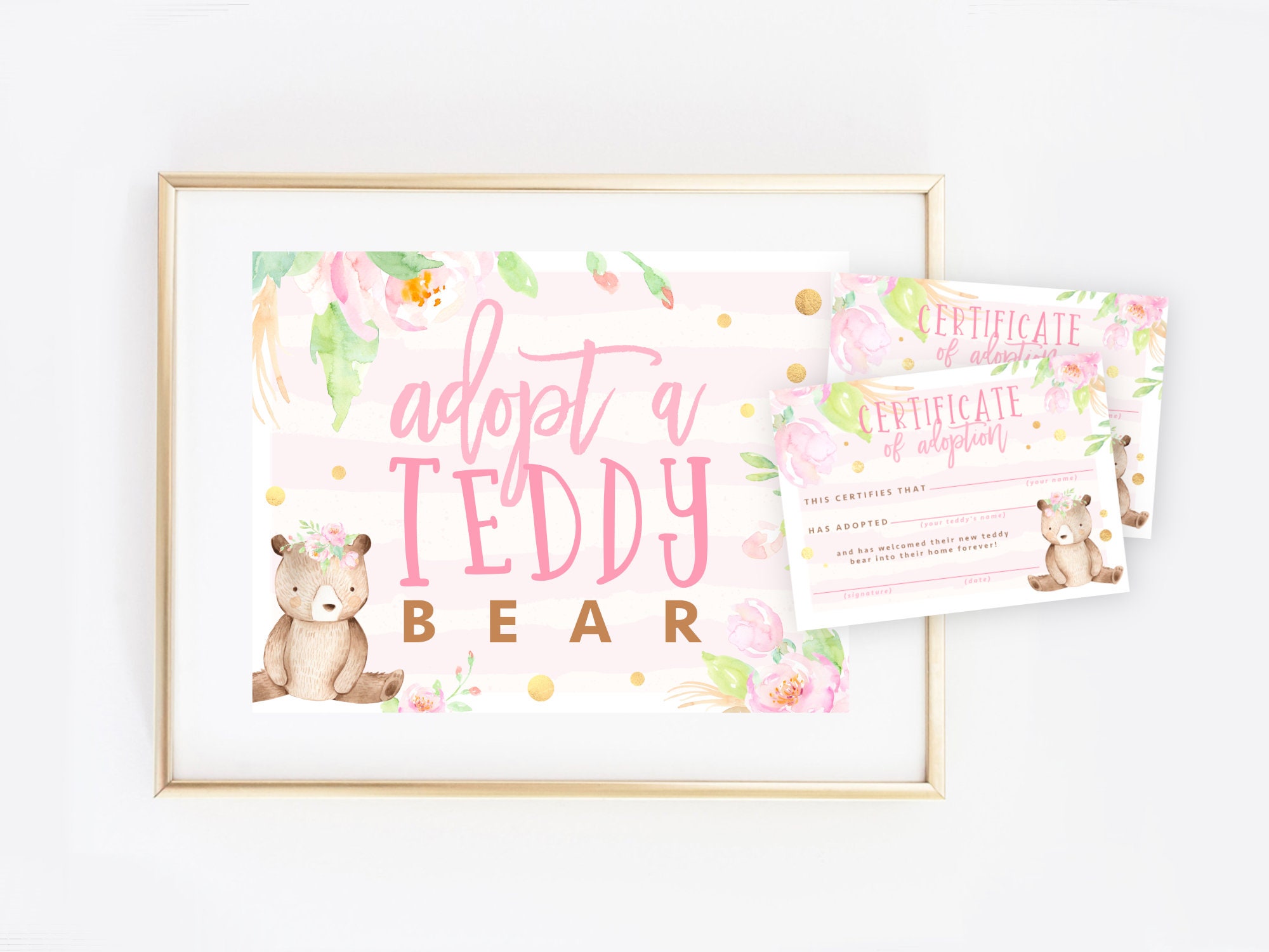Teddy Bear Adoption Certificate PRINTABLE Pink Floral Etsy