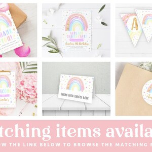 May include: A set of rainbow-themed party decorations, including a welcome sign, thank you tags, food labels, a banner, and a sticker. The decorations feature a watercolor rainbow with gold glitter accents and white polka dots.