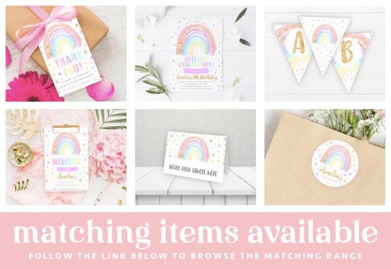 May include: A set of rainbow-themed party decorations, including a welcome sign, thank you tags, food labels, a banner, and a sticker. The decorations feature a watercolor rainbow with gold glitter accents and white polka dots.