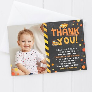 Construction Thank You Card, PRINTABLE, 4x6" 1st Birthday PDF Digital Download, Boy's Building Dump Truck Bulldozer Party Theme Decor, C1