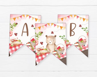 Teddy Bear Picnic Bunting, INSTANT DOWNLOAD, 5x7" Printable Pennant Banner Digital File, Teddy Bear Birthday Theme Decoration Flags, TBP3