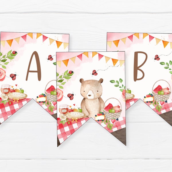 Teddy Bear Picnic Bunting, INSTANT DOWNLOAD, 5x7" Printable Pennant Banner Digital File, Teddy Bear Birthday Theme Decoration Flags, TBP3