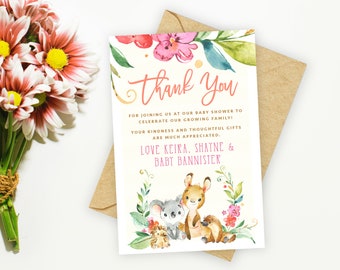 Baby Shower 4x6" Thank You Card, PRINTABLE, Native Australian Animals Theme Baby Sprinkle, Koala Kangaroo Gender Neutral Unisex Digital, NA1