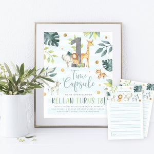 Wild One Time Capsule, PRINTBAAR, Digitaal 8x10 Teken Matching 4x6" Berichtkaarten, Boy's Jungle Safari, 1e Eerste Verjaardagsfeest Decor, BS2