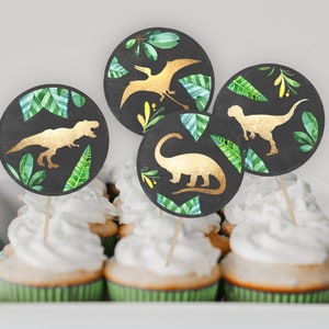 Gold Dinosaur Cupcake Toppers, PRINTABLE, Boy&#39;s Dino Party Birthday Theme, Tropical T-Rex Raptor Instant Download Round 2&quot; Sticker, DN3