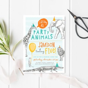 Safari Animals Invitation, PRINTABLE, Party Animals Birthday Theme, Party Hat Jungle Zoo, Fun Colourful Boy&#39;s Play Centre Invite, PA1