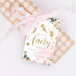 Fairies Themed Thank You Tag, PRINTABLE, Watercolour Our Little Fairy 1st Birthday Party, Pink Gold 2.5x4&quot; Swing Favor Tag Digital File, GF2