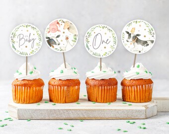 Farm Animal Cupcake Toppers, PRINTABLE, Sheep Cow Pig Baby Shower 1st Birthday Theme, Farmyard Instant Download Party Round 2" Sticker, FA2