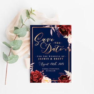 Navy And Burgundy Floral Invitation, PRINTABLE, Gold Blue Red Save The Date Invite, Elegant Save The Date Digital File, Classy PDF Design