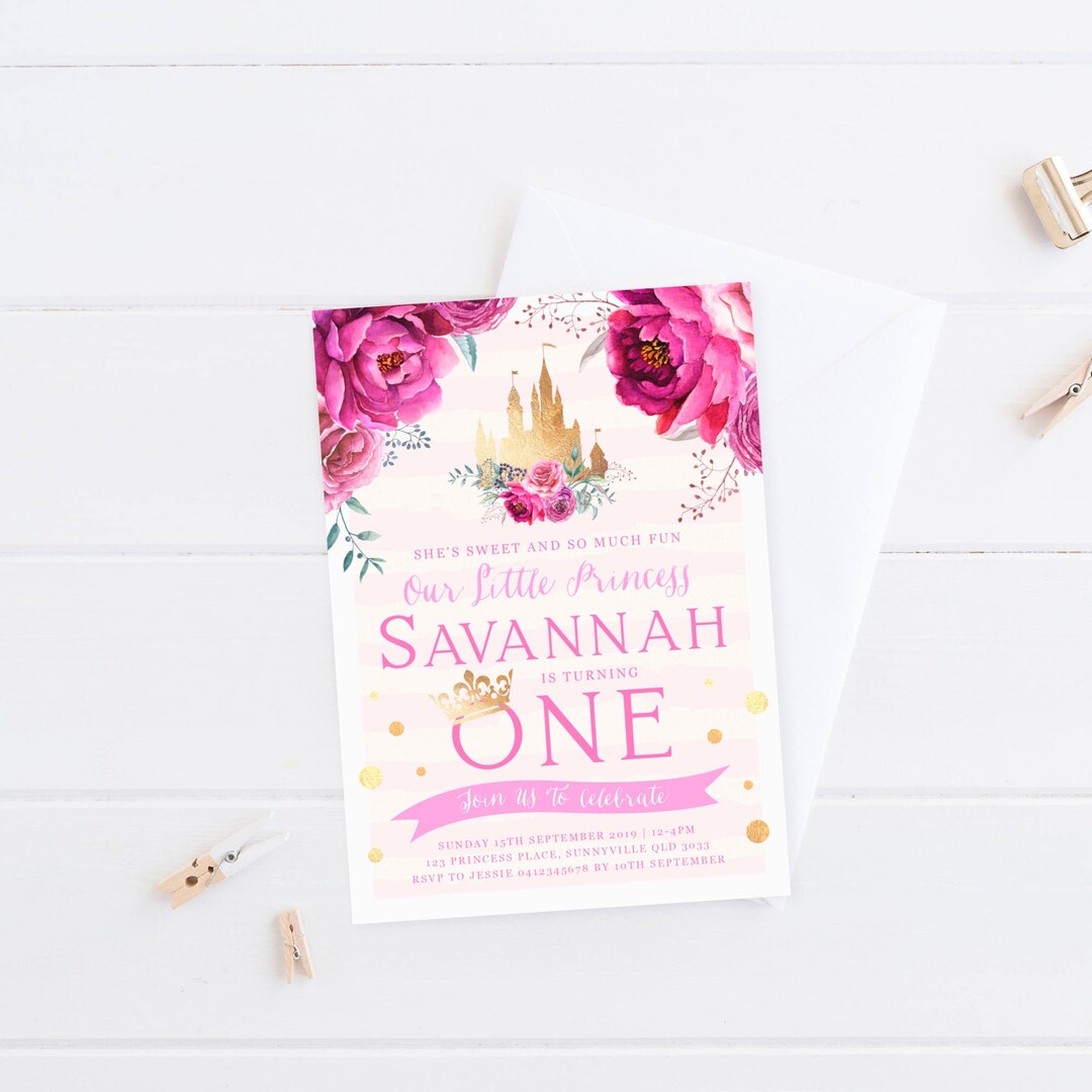 Princess Invitation, PRINTABLE, Pink Purple Gold Floral, Castle Tiara ...