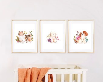 Puppy Nursery Decor PRINTABLE Girl's Floral Dog Themed Print Set 8x10" Puppy Nursery Decor, Cavalier Spaniel Border Collie Sheepdog Wall Art