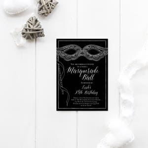 Masquerade Ball Invitation, DIGITAL DOWNLOAD, Classy Silver Black Masquerade Mask Themed Party Invite, Sweet 16th 18th 21st 30th Birthday