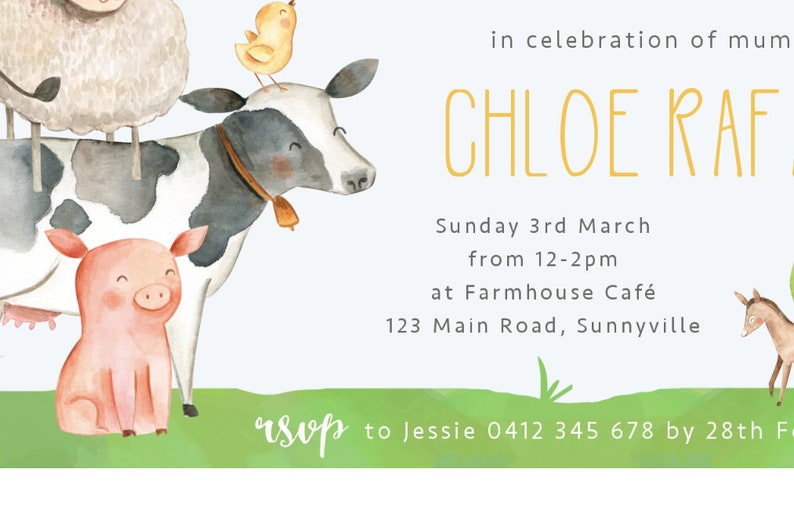Farm Baby Shower Invite, PRINTABLE, Barnyard Animals Sprinkle Invitation, Gender Neutral Unisex, Farmyard 1st 2nd Birthday Party Theme, FY1 image 2