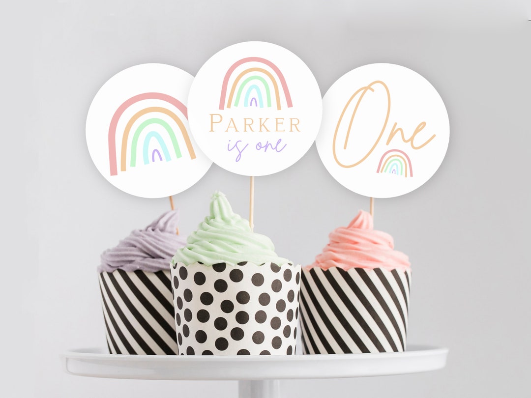 Pastel Rainbow Cupcake Toppers, PRINTABLE, Minimalist Neutral Rainbow ...
