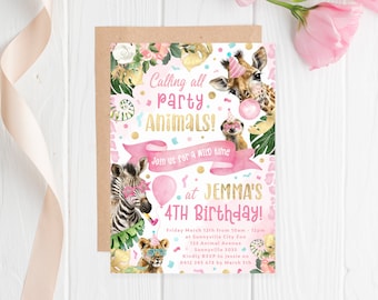 Party Animals Invitation, PRINTABLE, Fun Wild Jungle Safari Birthday Theme, Girl's Cute Pink Party Hat Zoo Animals Invite Digital File, PA2