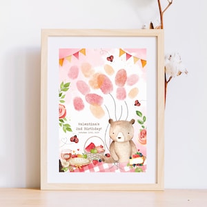Teddy Bear Fingerprint Tree, PRINTABLE, Personalised Balloon Fingerprint Decor, Teddy Picnic Themed Baby Shower 1st Birthday Keepsake, TBP3