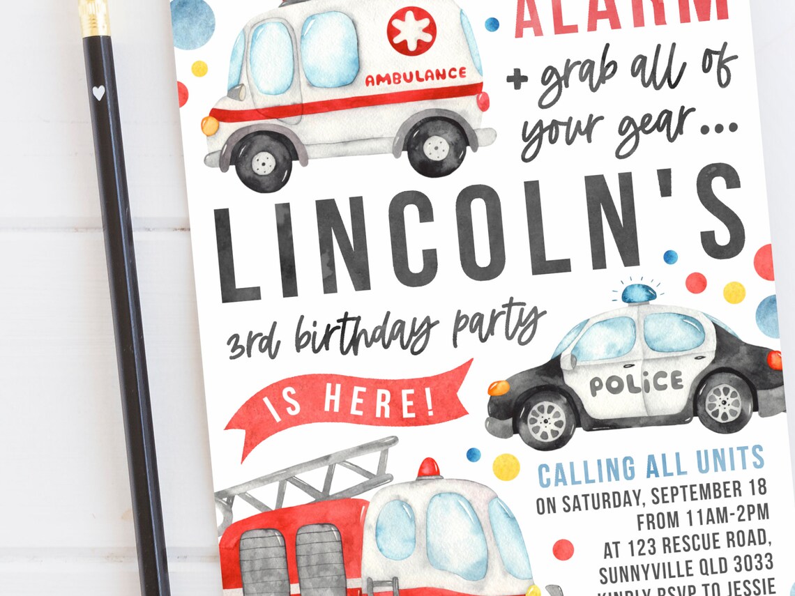 Emergency Birthday Invite PRINTABLE First Responders Theme Etsy