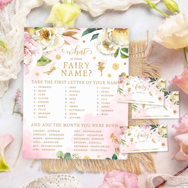 What's Your Fairy Name, PRINTABLE, Magical Floral 1st First Birthday Party Game, Digital Download Little Fairies Theme Decor, Pink Gold, GF2