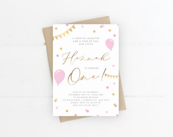 Pink And Gold 1st Birthday Invite, PRINTABLE, Girl's Themeless Classic First Party Invitation Balloon Confetti Theme, A Year Of Laughter PG1