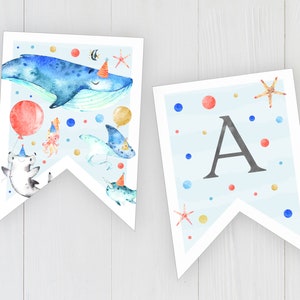 Under The Sea Bunting, INSTANT DOWNLOAD Printable Pennant Banner Ocean Animal Theme, Baby Shower 1st Birthday Party Decoration Flags, OA2