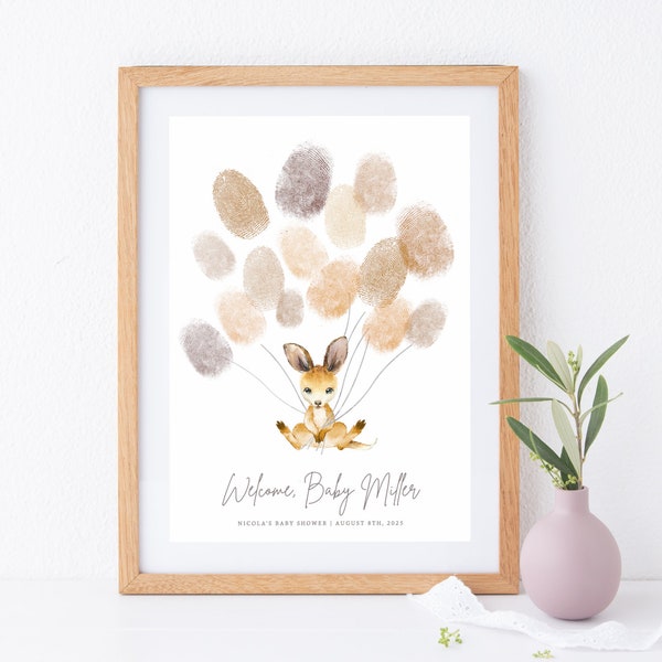 Kangaroo Fingerprint Tree, PRINTABLE Personalised Balloon Fingerprint Decor, Australian Animal Themed Baby Shower 1st Birthday Keepsake, NA2