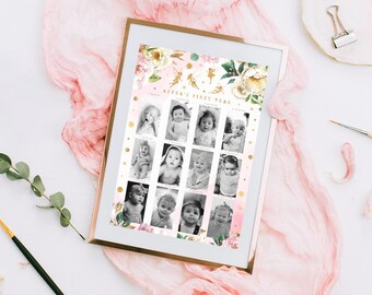 My First Year Photo Board, PRINTABLE Our Little Fairy Themed Party 12 Month Pictures, Gold Fairies 1st Birthday Party Keepsake Decor, GF2