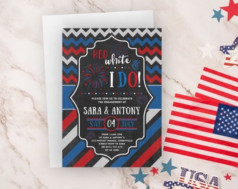 Invitación a la fiesta de compromiso del 4 de julio, IMPRIMIBLE, Rojo Blanco y Yo hago tema, Día de la Independencia Patriot Fireworks Invitation Archivo digital RWB1