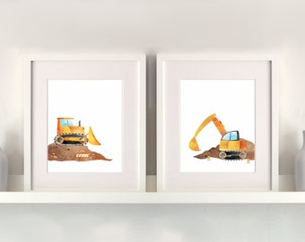 Construction Nursery Art, PRINTABLE, Set Of 2 Designs, Digger Construction Vehicles Decor, Baby Boy Bedroom Art 8x10" Digital Download