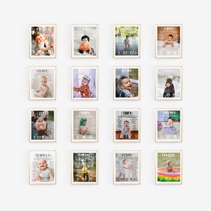May include: A collection of 12 framed first birthday posters featuring photos of babies and their milestones. Each poster has a different colour scheme and design, with a baby's name and age at the top. The posters are arranged in a grid on a white wall.