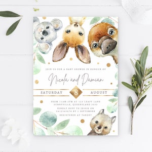 Baby Shower Invite, PRINTABLE, Native Australian Theme, Elegant Koala Kangaroo Party Invitation, Digital Baby Aussie Animals Sprinkle, NA2
